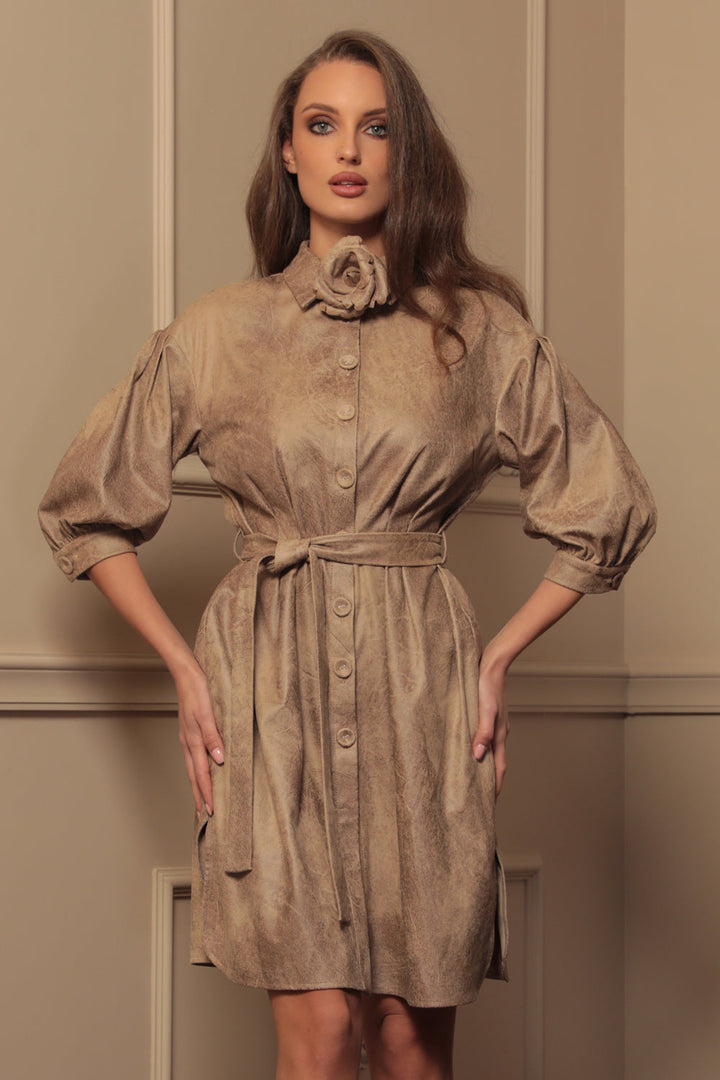SUEDE-LOOK SHIRT DRESS IN CAPPUCINO - ESSENTIALS - Fashion Roots