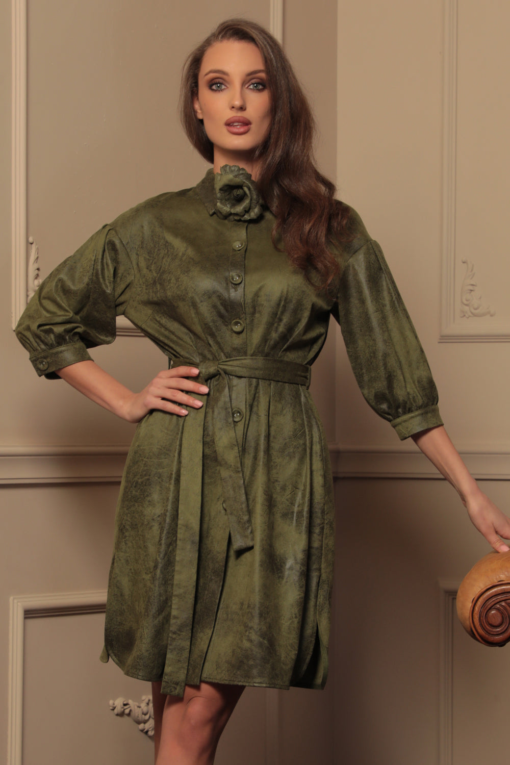 SUEDE-LOOK SHIRT DRESS IN OLIVE GREEN - ESSENTIALS - Fashion Roots