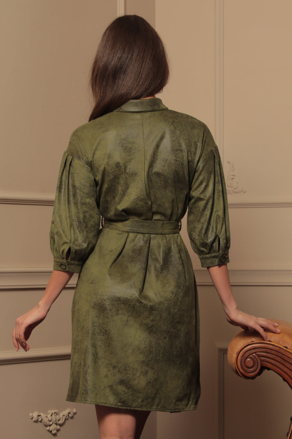 SUEDE-LOOK SHIRT DRESS IN OLIVE GREEN - ESSENTIALS - Fashion Roots