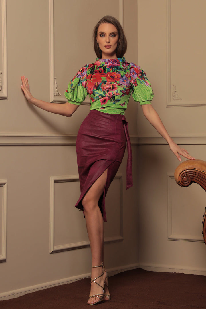 SUEDE-EFFECT BURGUNDY WRAP SKIRT - ESSENTIALS JIORO ПОЛА ОТ ВЕЛУР В ЦВЯТ БОРДО - ESSENTIALS JIORO