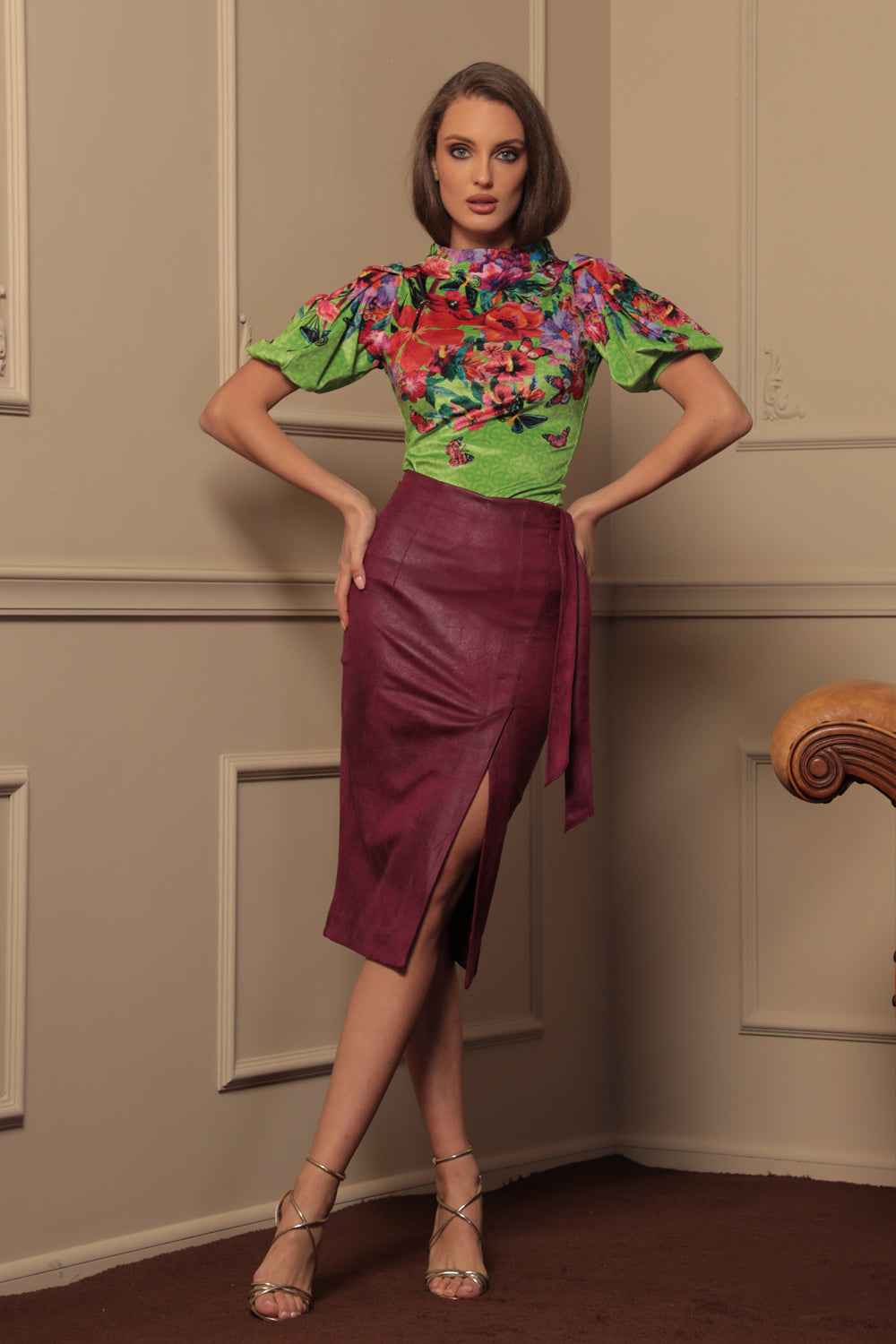 VELVET BLOUSE WITH HIGH NECK AND PUFF SLEEVES - ACID GREEN LOGO