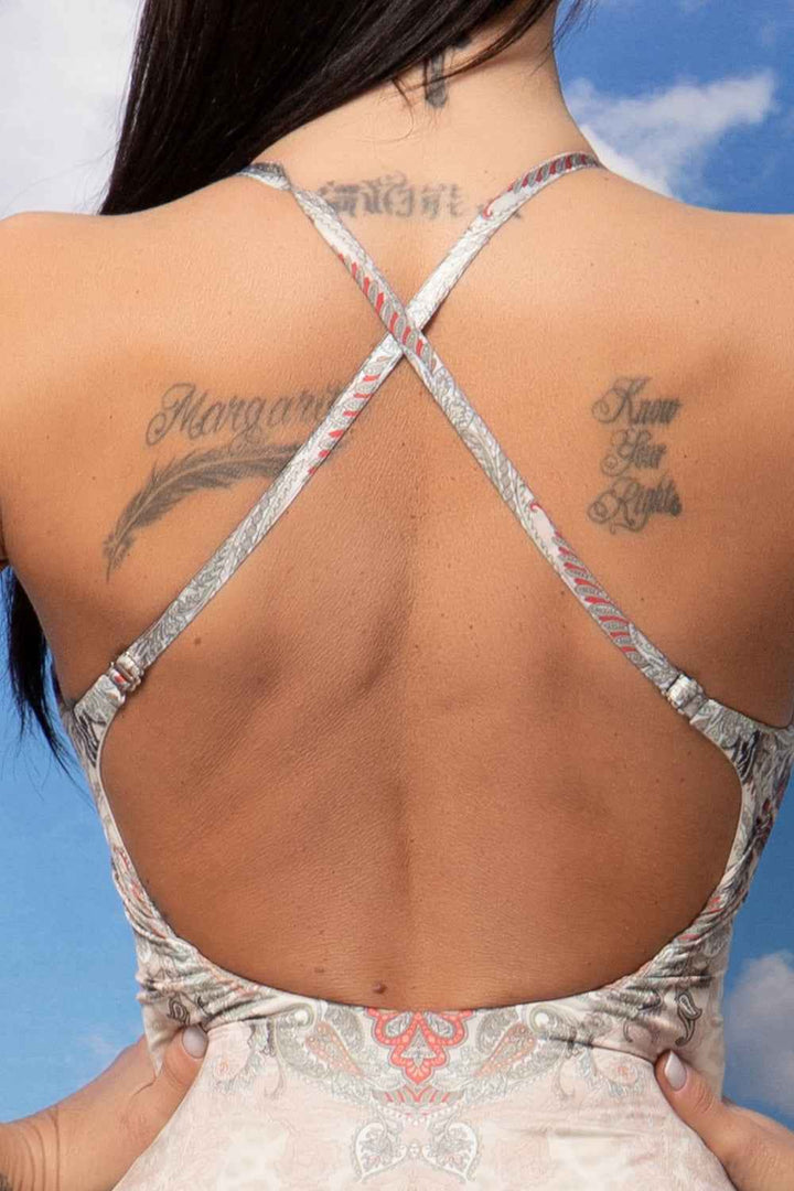 ONE-PIECE DEEP V-NECK SWIMSUIT – PAISLEY BEIGE - Fashion Roots