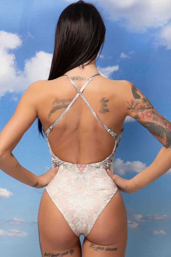 ONE-PIECE DEEP V-NECK SWIMSUIT – PAISLEY BEIGE - Fashion Roots