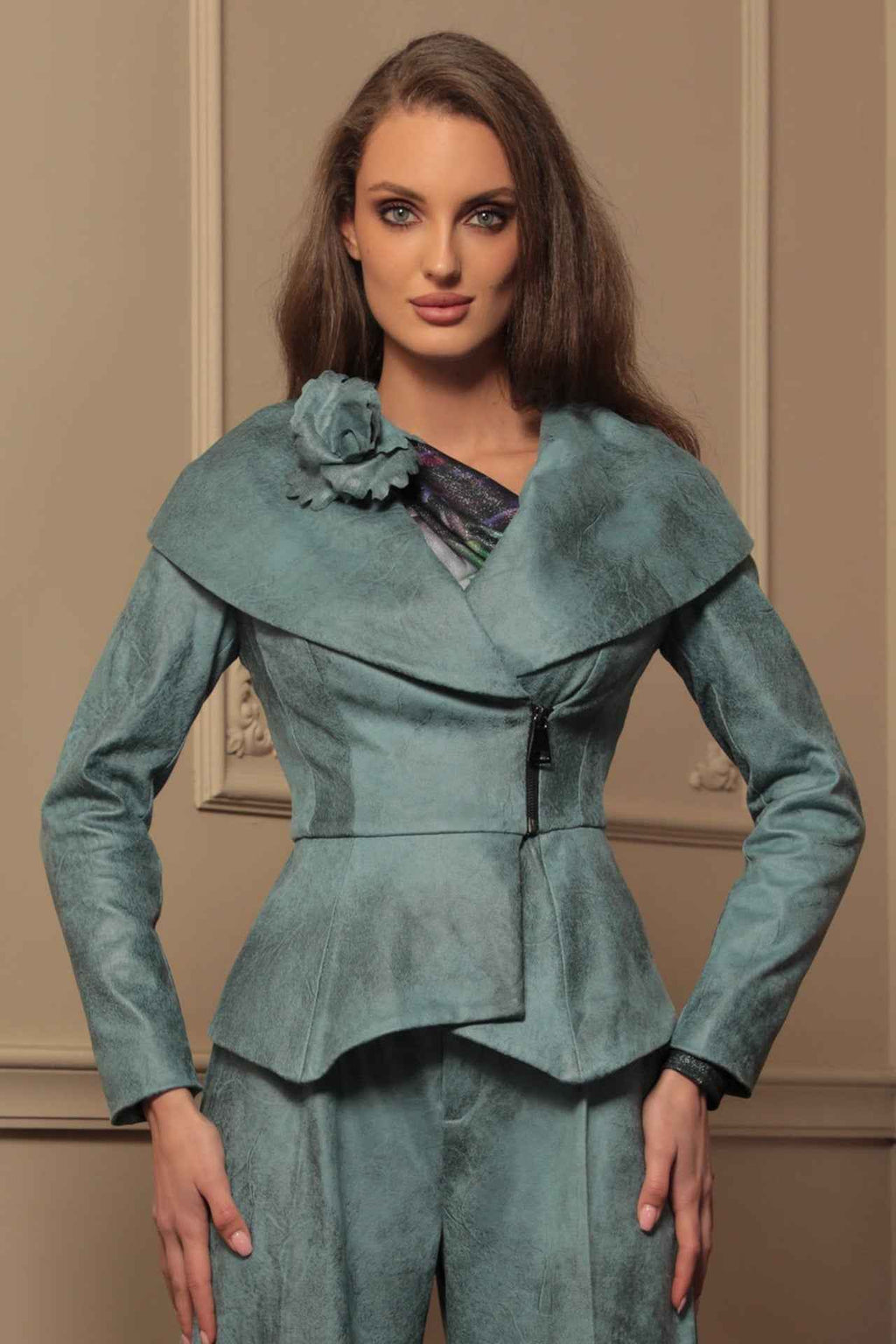 SUEDE-LOOK BLAZER WITH ASYMMETRICAL CLOSURE  IN BLUE - ESSENTIALS