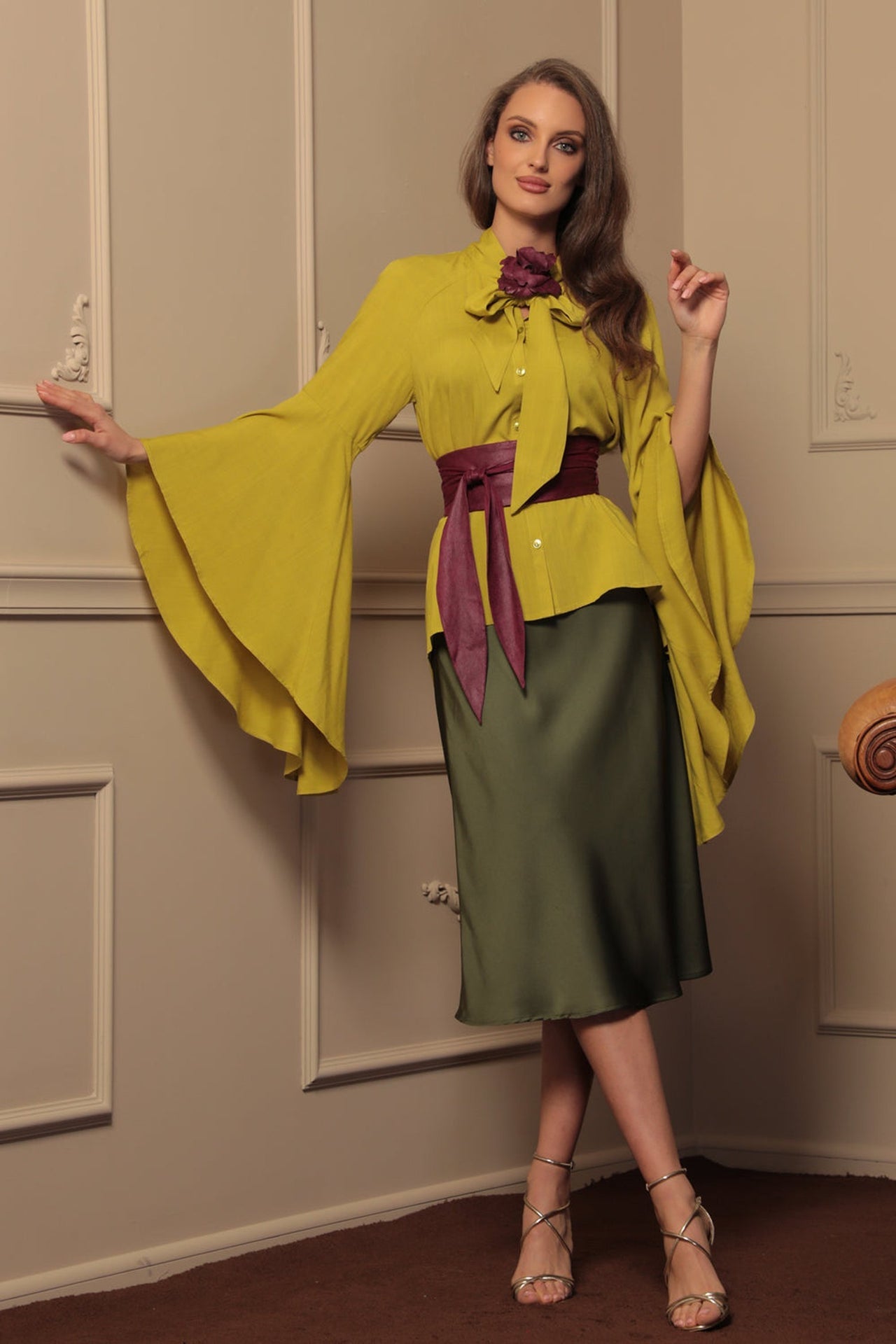 YELLOW ORCHE VISCOSE BLOUSE WITH FLARED SLEEVES - ESSENTIALS - Fashion Roots