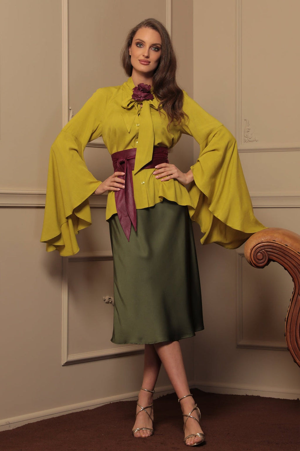 YELLOW ORCHE VISCOSE BLOUSE WITH FLARED SLEEVES - ESSENTIALS - Fashion Roots