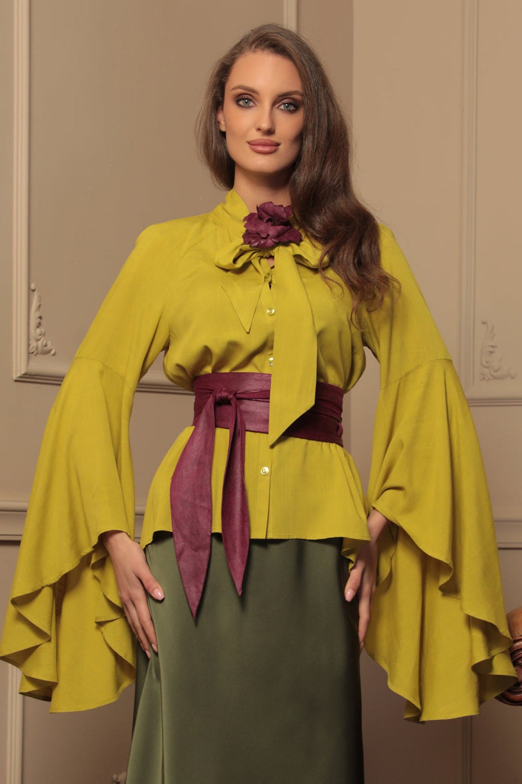 YELLOW ORCHE VISCOSE BLOUSE WITH FLARED SLEEVES - ESSENTIALS - Fashion Roots