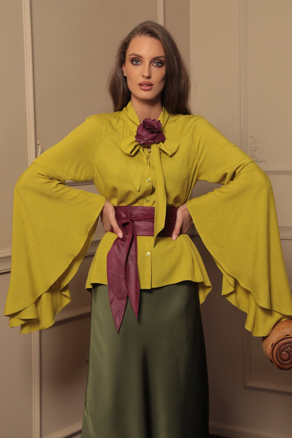 YELLOW ORCHE VISCOSE BLOUSE WITH FLARED SLEEVES - ESSENTIALS - Fashion Roots