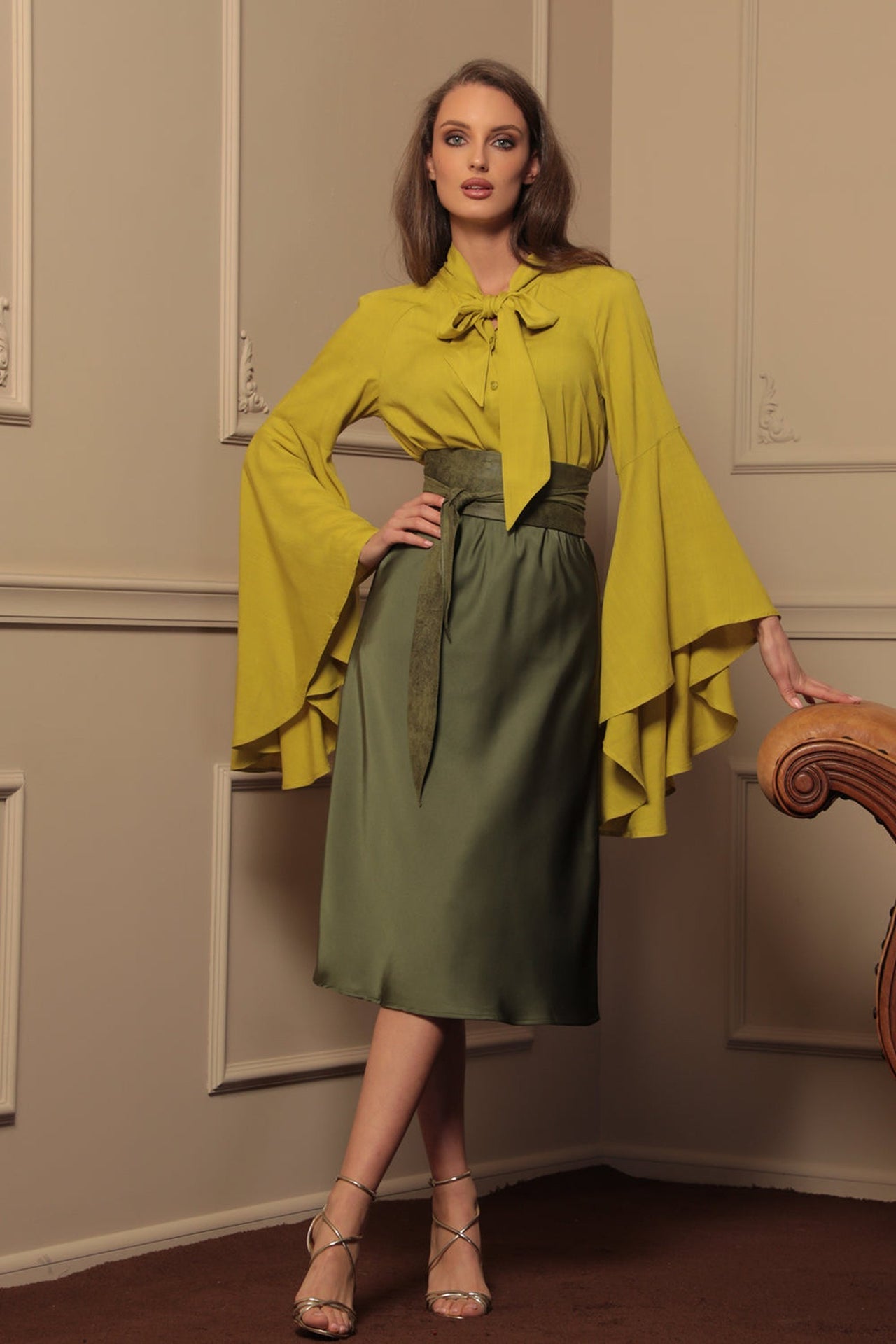 YELLOW ORCHE VISCOSE BLOUSE WITH FLARED SLEEVES - ESSENTIALS - Fashion Roots