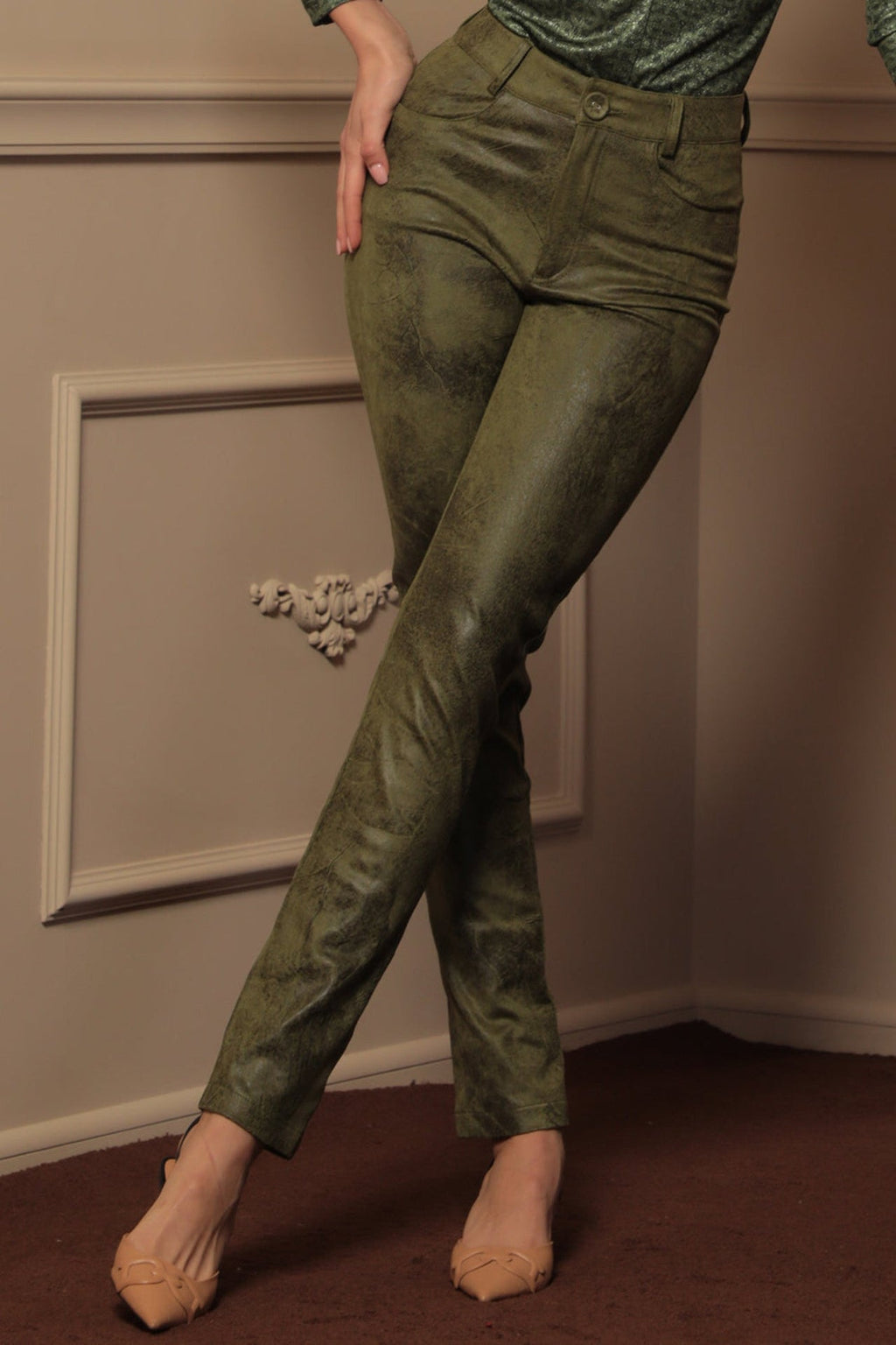 SKINNY 5-POCKET PANTS IN OLIVE GREEN - ESSENTIALS