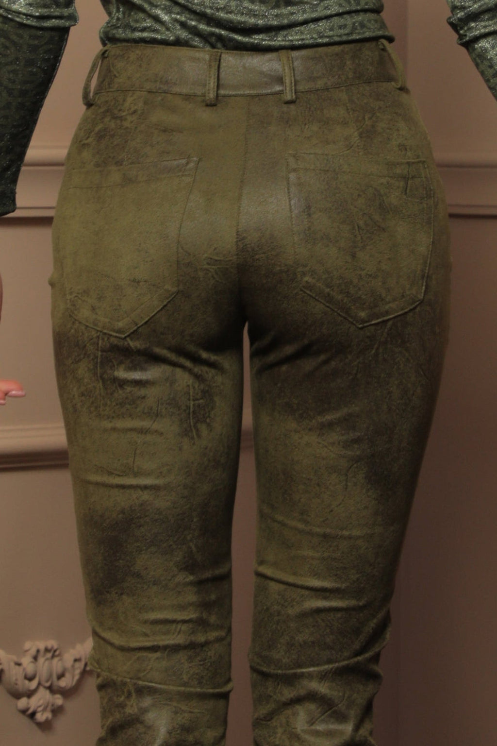 SKINNY 5-POCKET PANTS IN OLIVE GREEN - ESSENTIALS - Fashion Roots