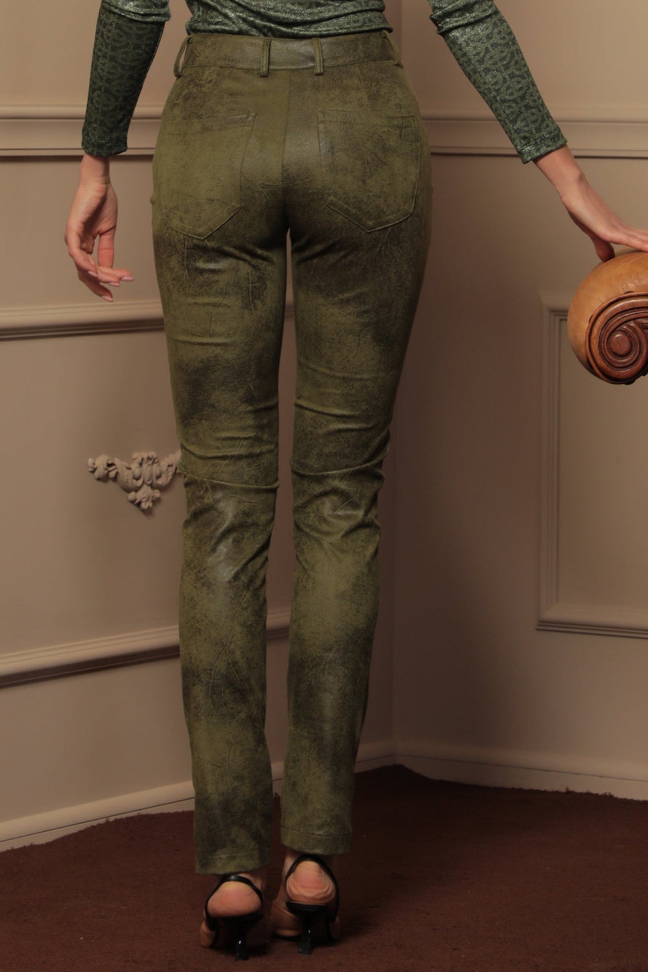 SKINNY 5-POCKET PANTS IN OLIVE GREEN - ESSENTIALS - Fashion Roots