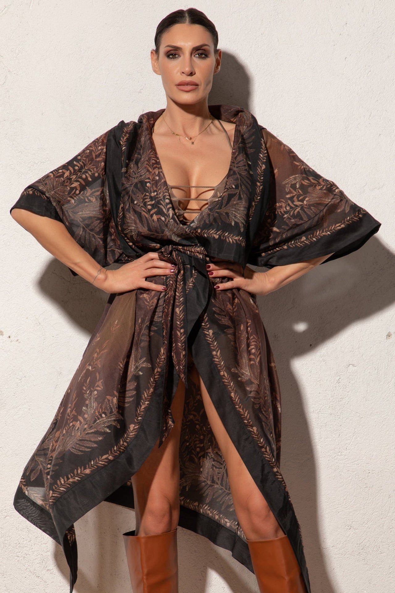 COTTON SILK KIMONO DRESS WITH HOOD - SECRET GARDEN - Fashion Roots