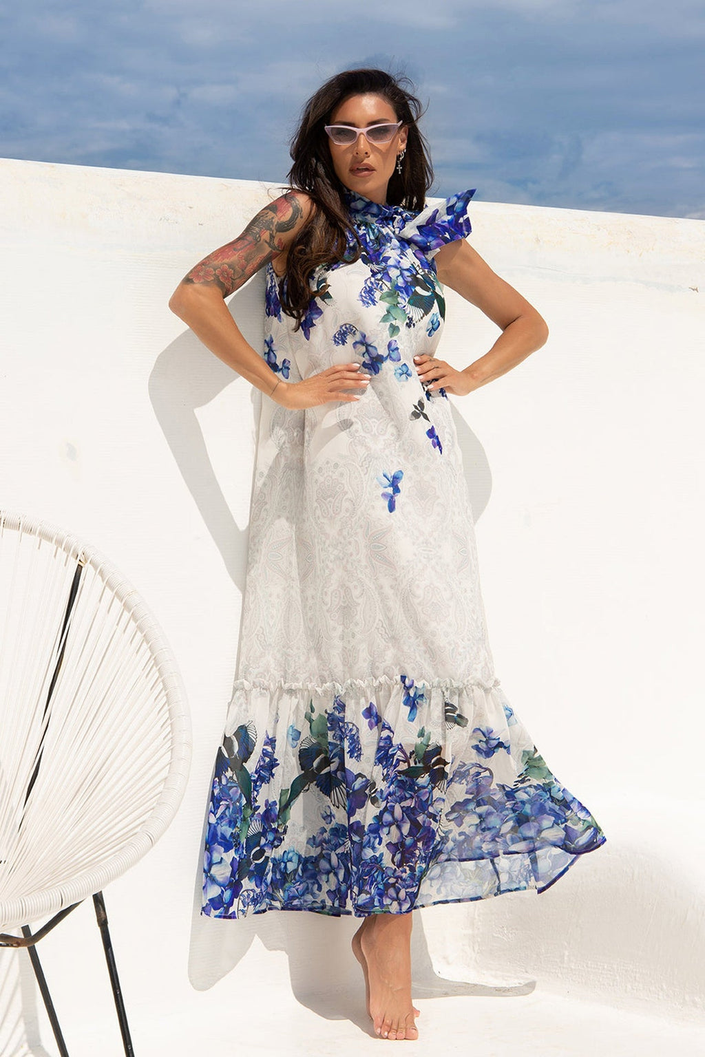 LONG CHIFFON DRESS - BLUE BIRDS