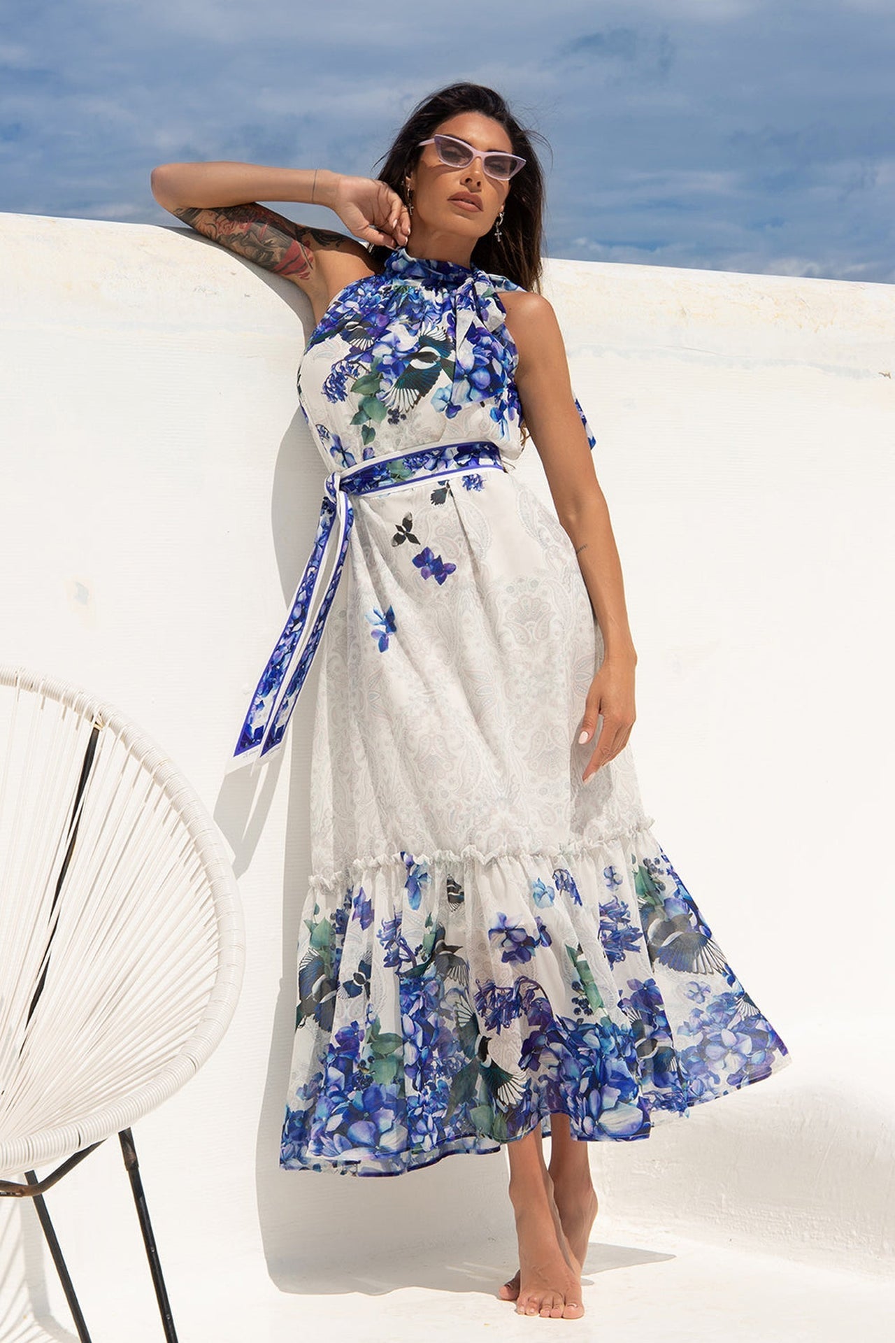 LONG CHIFFON DRESS - BLUE BIRDS