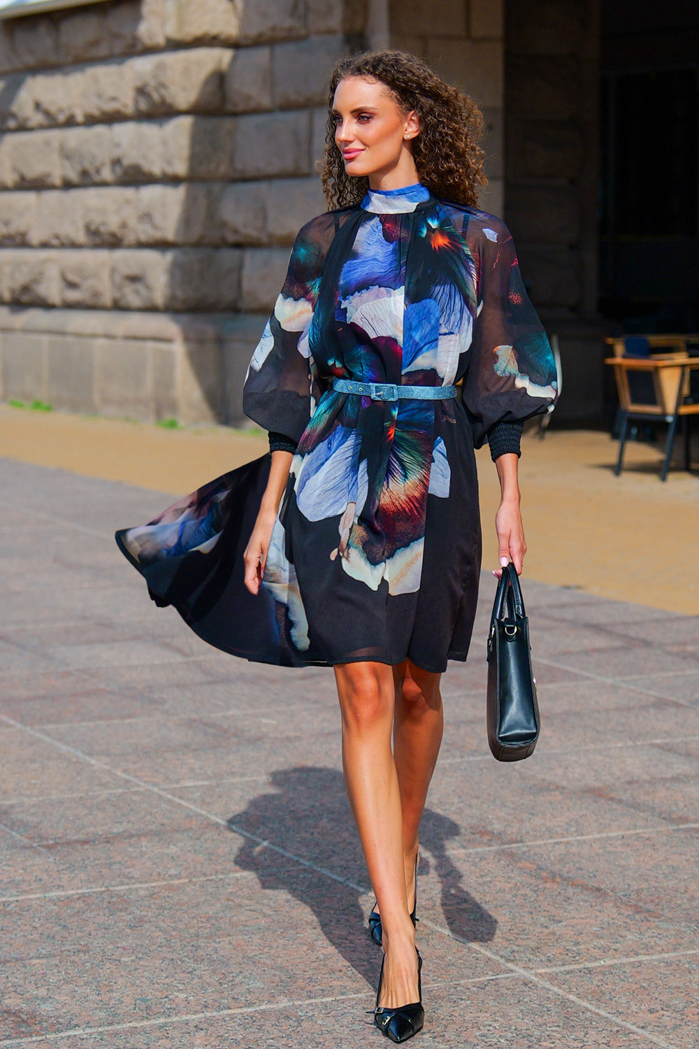 RELAXED DRESS WITH BALLOON RAGLAN SLEEVES AND BACK TIE - VIOLET