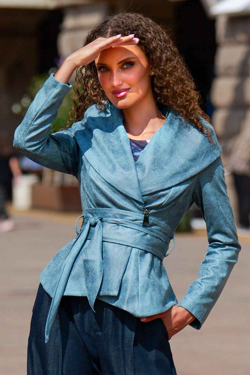 SUEDE-LOOK BLAZER WITH ASYMMETRICAL CLOSURE  IN BLUE - ESSENTIALS