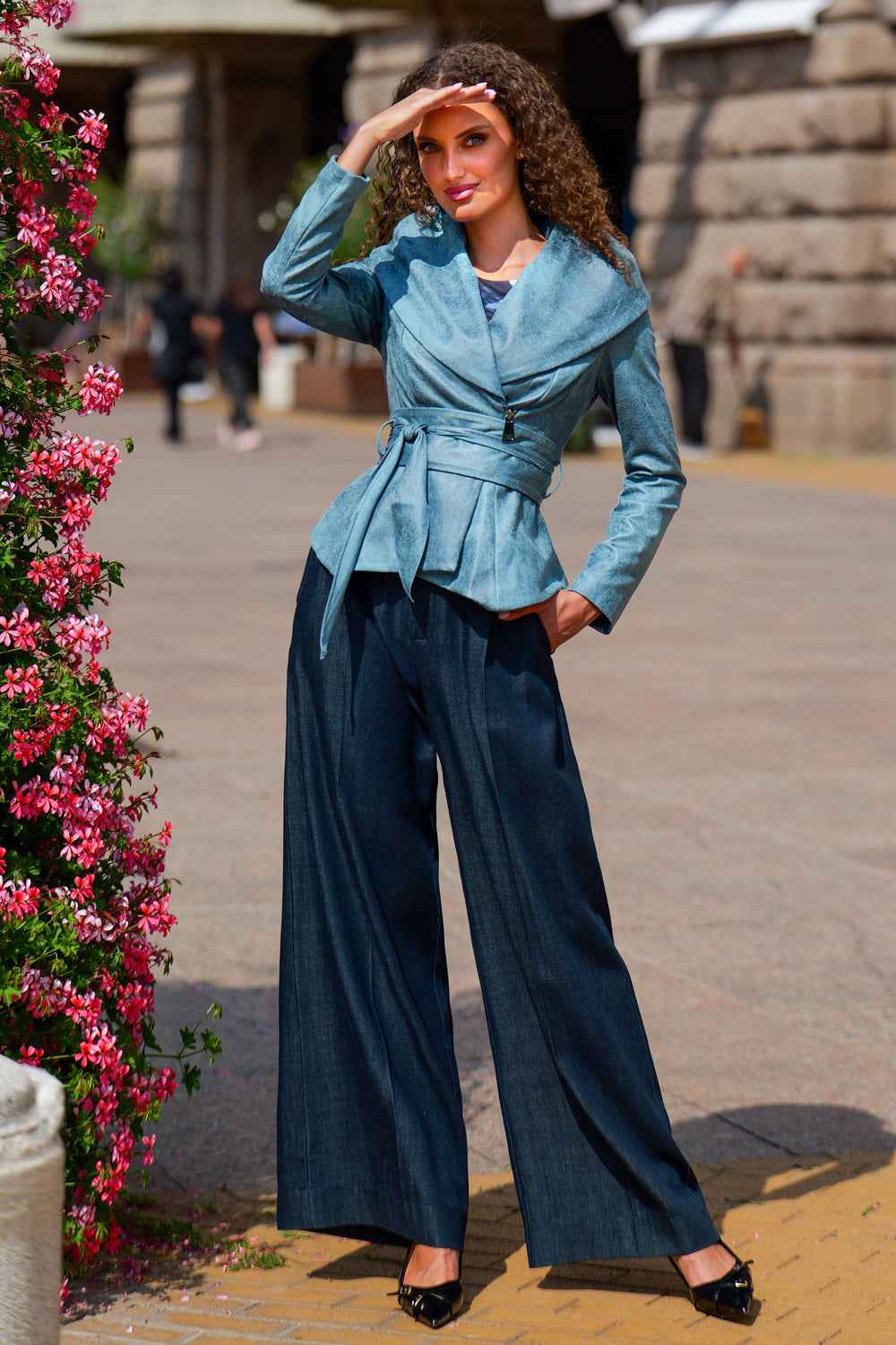 SUEDE-LOOK BLAZER WITH ASYMMETRICAL CLOSURE  IN BLUE - ESSENTIALS