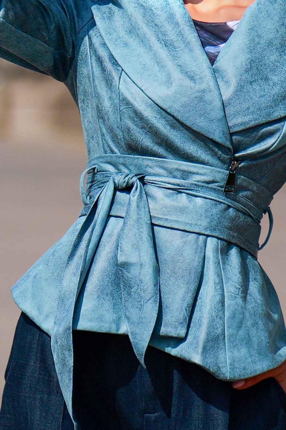 SUEDE-LOOK BLAZER WITH ASYMMETRICAL CLOSURE  IN BLUE - ESSENTIALS