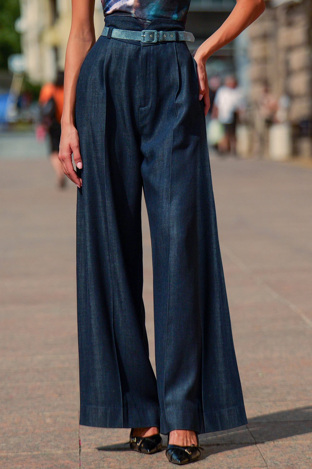 TENCEL DENIM PANTS WITH HIGH WAIST AND WIDE LEG - ESSENTIALS - Fashion Roots