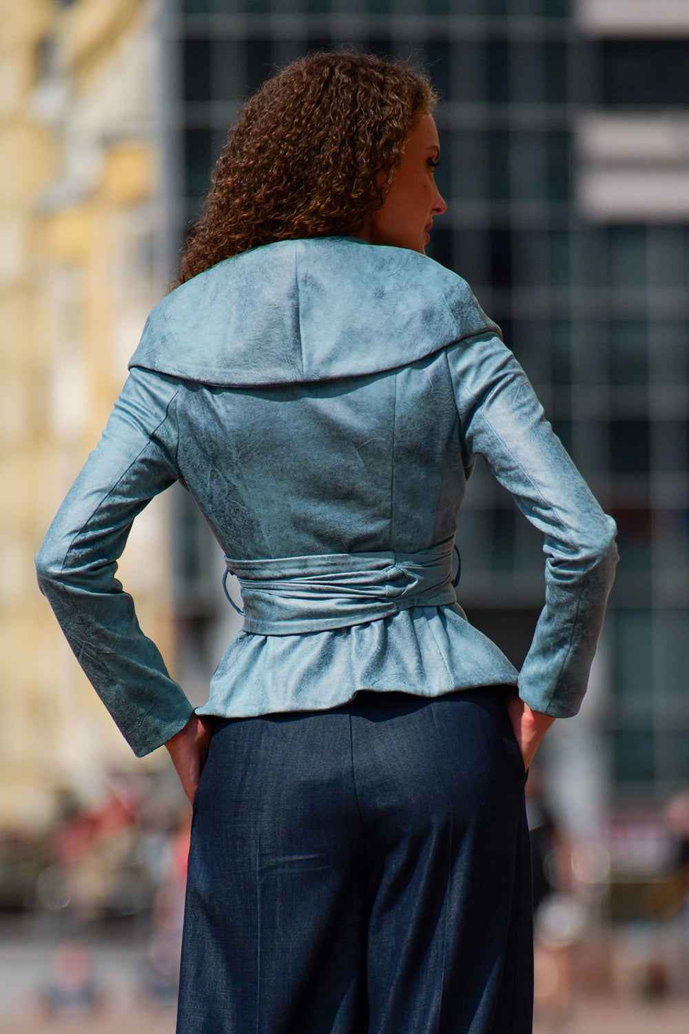 SUEDE-LOOK BLAZER WITH ASYMMETRICAL CLOSURE  IN BLUE - ESSENTIALS