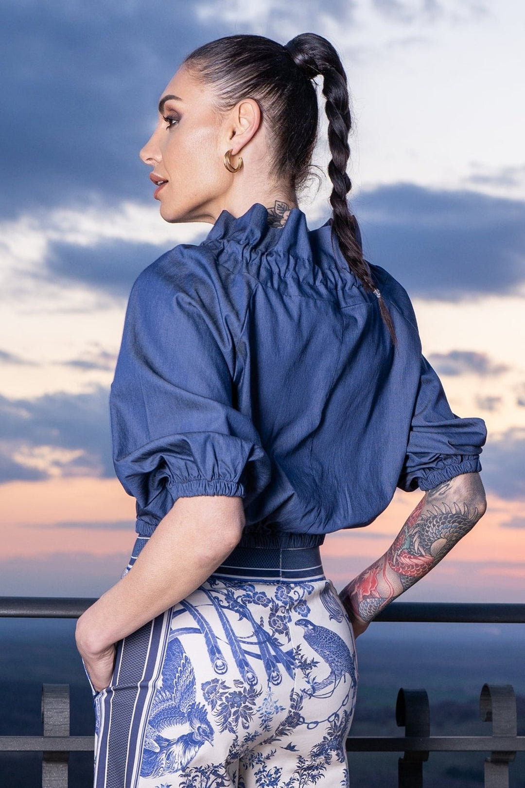 RUFFLED HIGH-NECK BLOUSE WITH PUFF SLEEVES - ASIA SKY - Fashion Roots