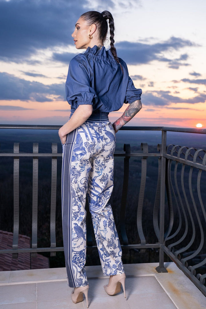 RUFFLED HIGH-NECK BLOUSE WITH PUFF SLEEVES - ASIA SKY - Fashion Roots