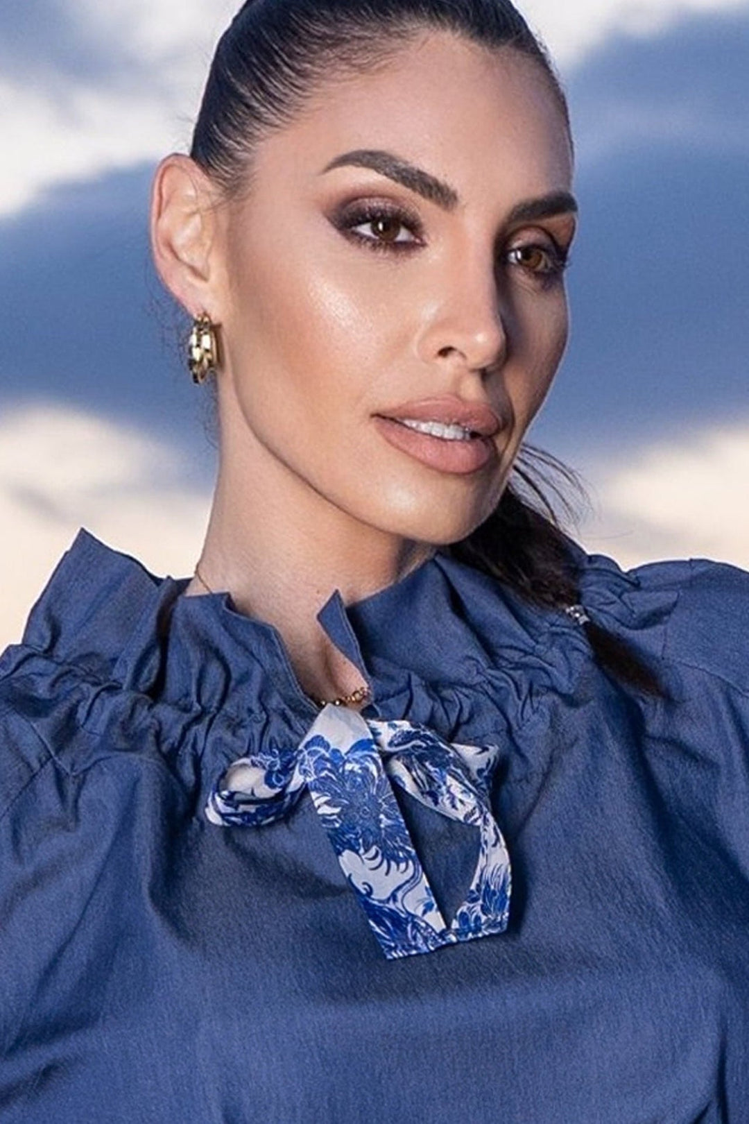 RUFFLED HIGH-NECK BLOUSE WITH PUFF SLEEVES - ASIA SKY - Fashion Roots
