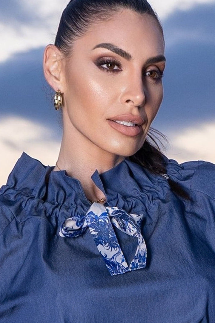 RUFFLED HIGH-NECK BLOUSE WITH PUFF SLEEVES - ASIA SKY - Fashion Roots