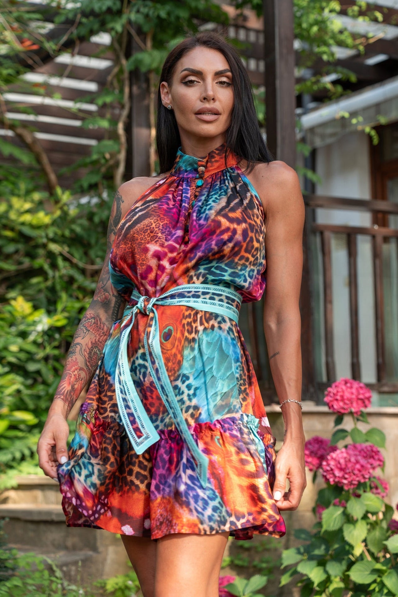 FLARED VISCOSE DRESS - LEO NEON WILD - Fashion Roots