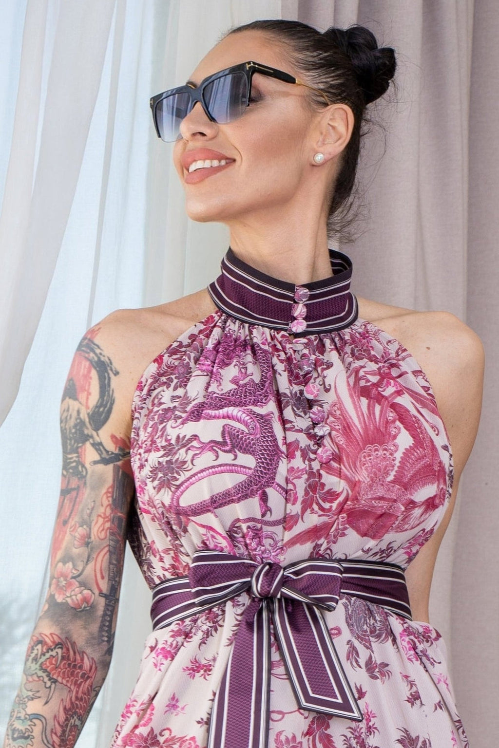 SLEEVELESS SILK COTTON DRESS - ASIA BORDEAUX
