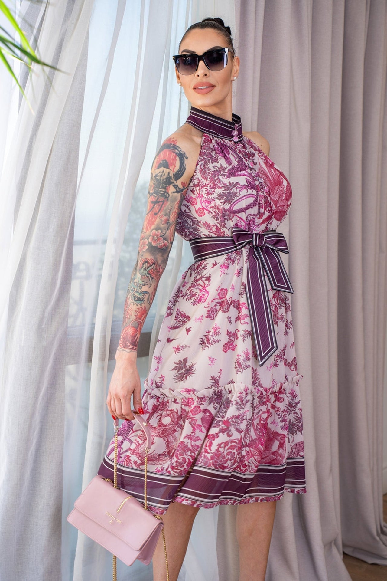 SLEEVELESS SILK COTTON DRESS - ASIA BORDEAUX