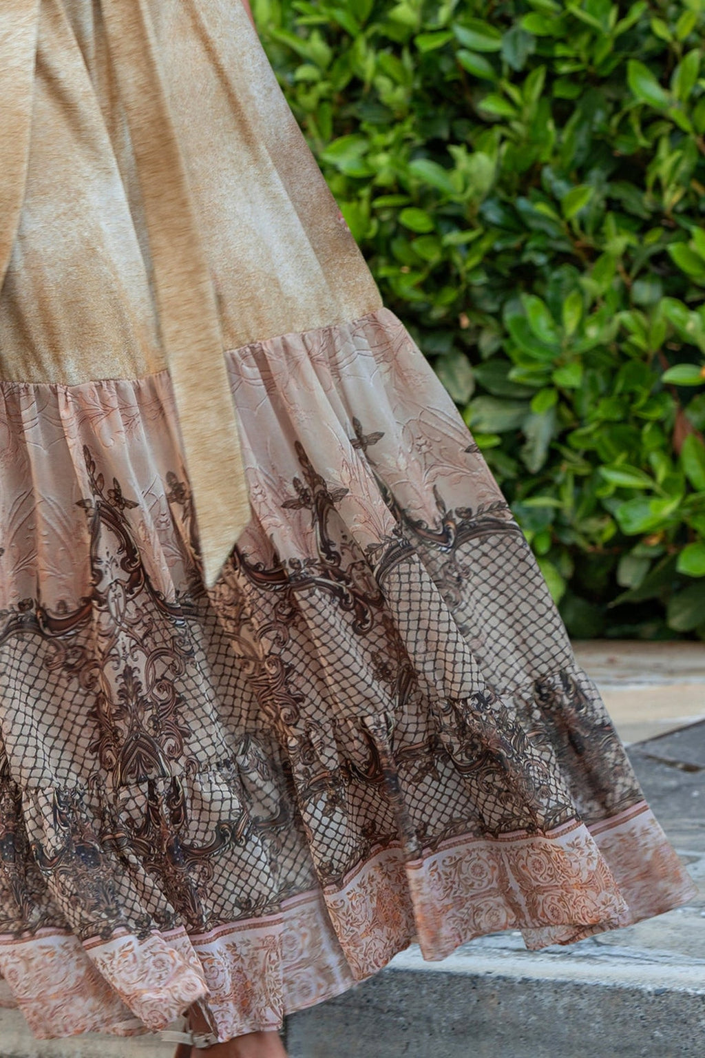 LONG COTTON DRESS WITH CHIFFON RUFFLES - BAROQUE FLOWERS - Fashion Roots