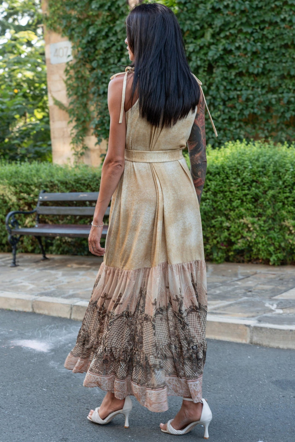 LONG COTTON DRESS WITH CHIFFON RUFFLES - BAROQUE FLOWERS - Fashion Roots