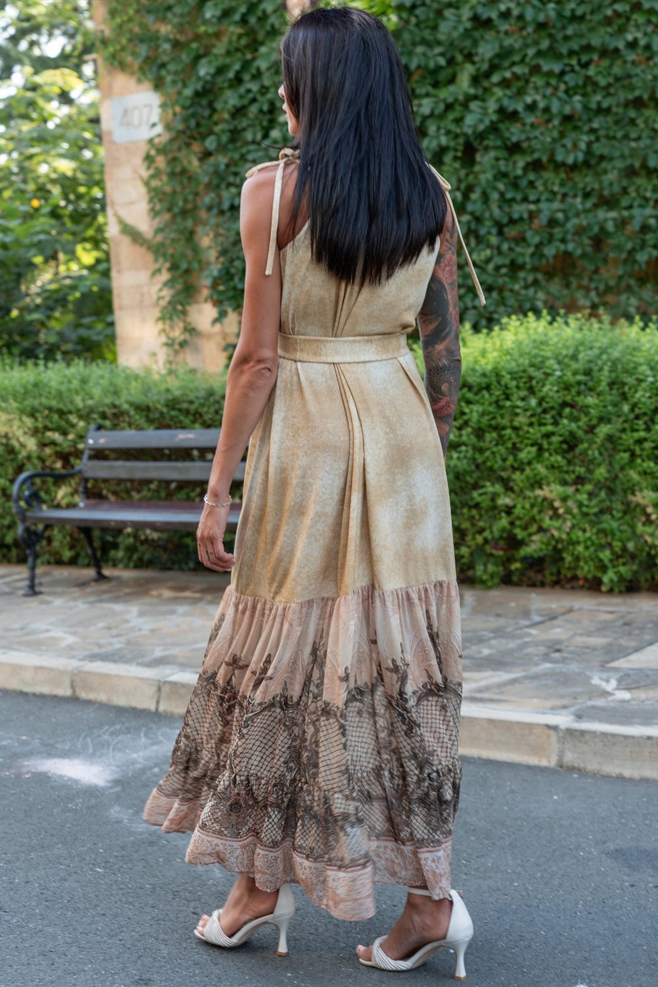 LONG COTTON DRESS WITH CHIFFON RUFFLES - BAROQUE FLOWERS - Fashion Roots