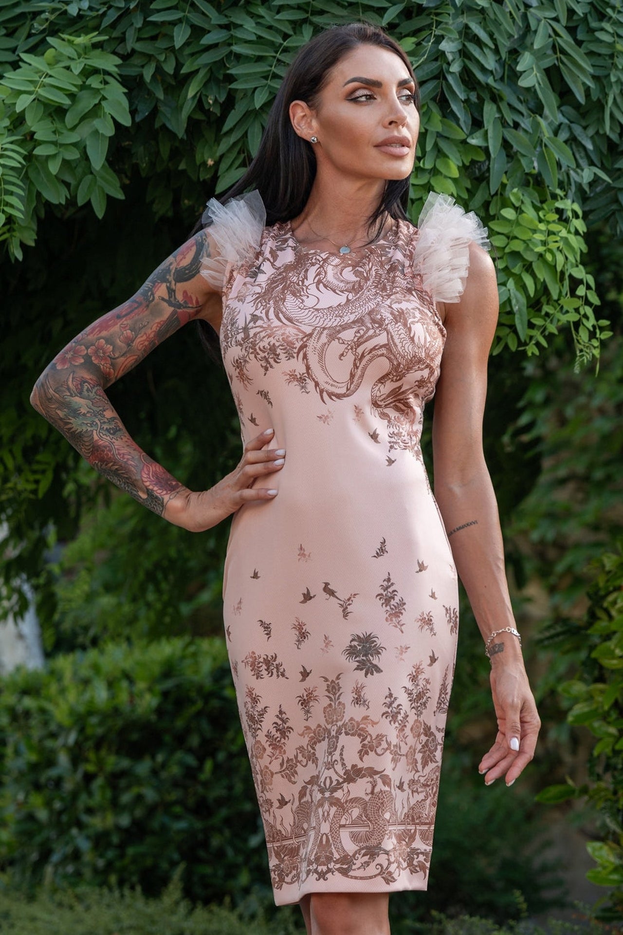FITTED DRESS WITH CURLS - ASIA BEIGE