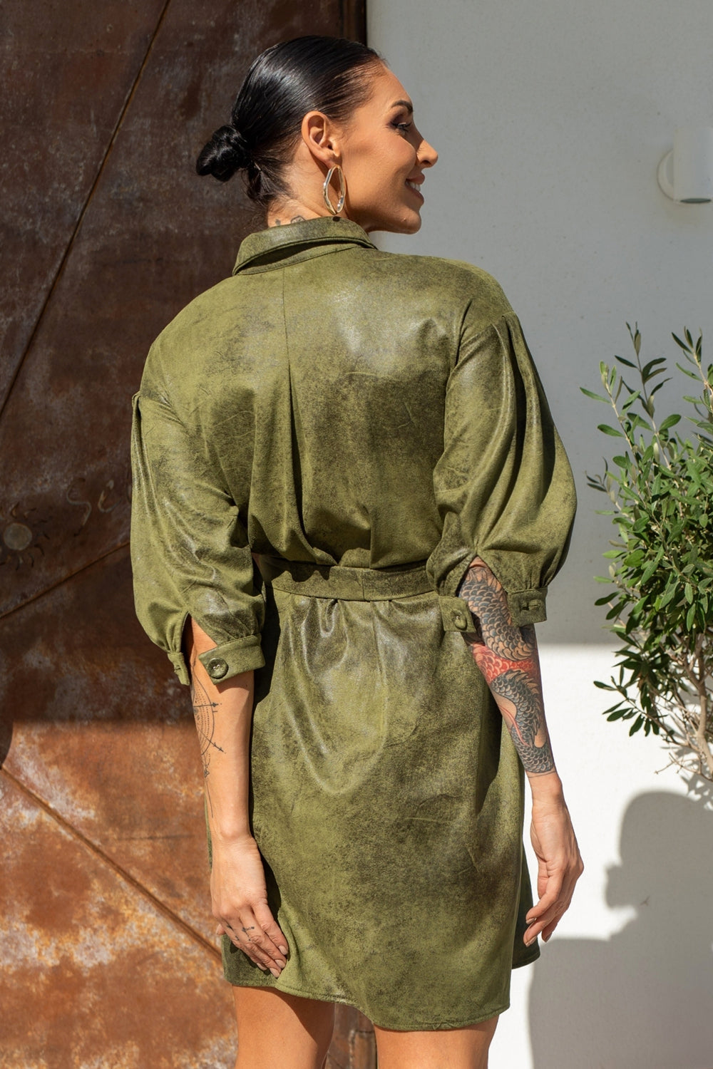 SUEDE-LOOK SHIRT DRESS IN OLIVE GREEN - ESSENTIALS - Fashion Roots