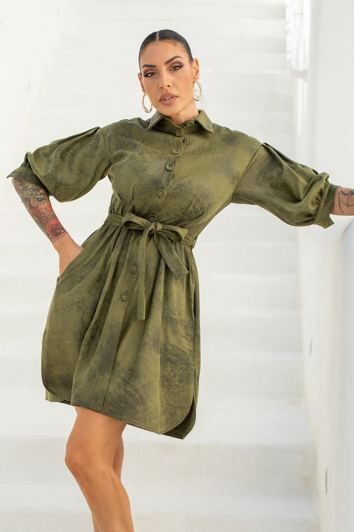 SUEDE-LOOK SHIRT DRESS IN OLIVE GREEN - ESSENTIALS - Fashion Roots