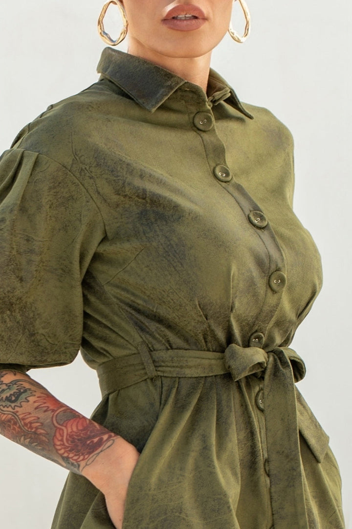 SUEDE-LOOK SHIRT DRESS IN OLIVE GREEN - ESSENTIALS - Fashion Roots
