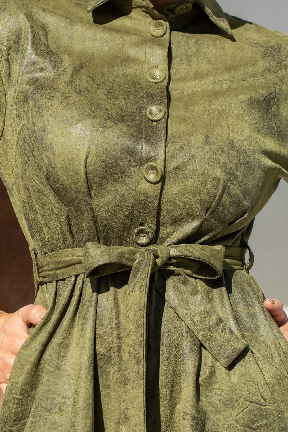 SUEDE-LOOK SHIRT DRESS IN OLIVE GREEN - ESSENTIALS - Fashion Roots