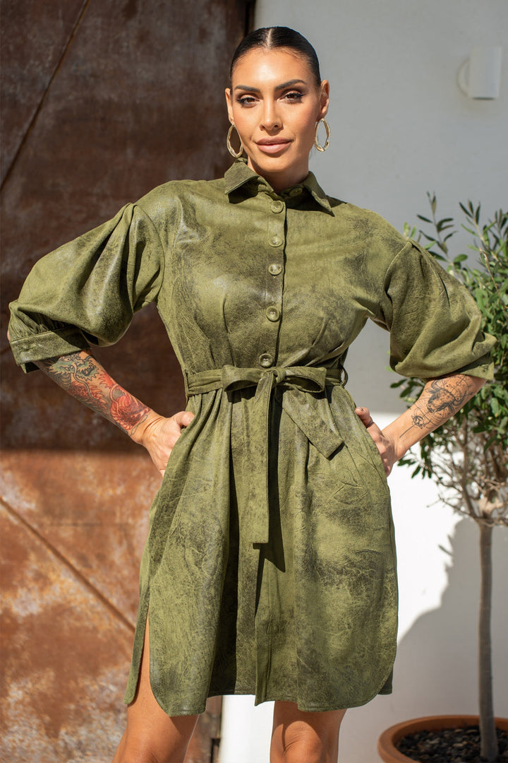 SUEDE-LOOK SHIRT DRESS IN OLIVE GREEN - ESSENTIALS - Fashion Roots