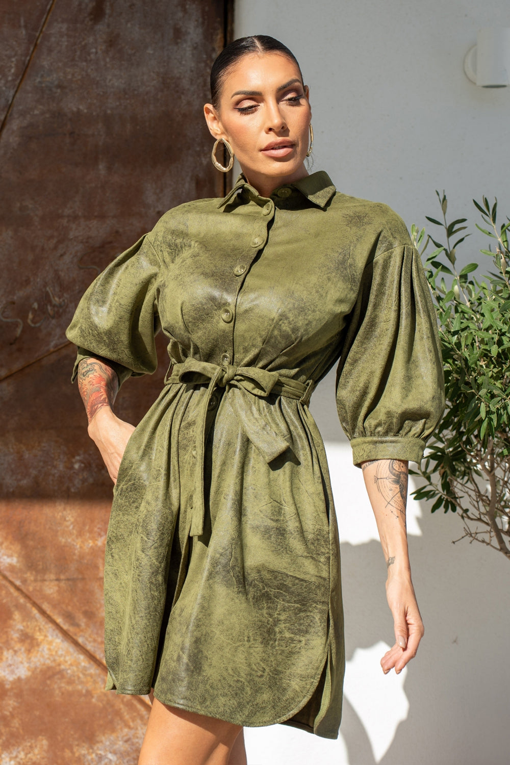 SUEDE-LOOK SHIRT DRESS IN OLIVE GREEN - ESSENTIALS
