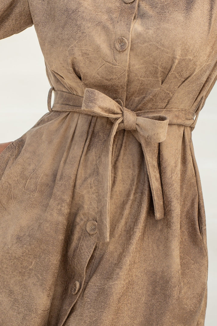 SUEDE-LOOK SHIRT DRESS IN CAPPUCINO - ESSENTIALS - Fashion Roots
