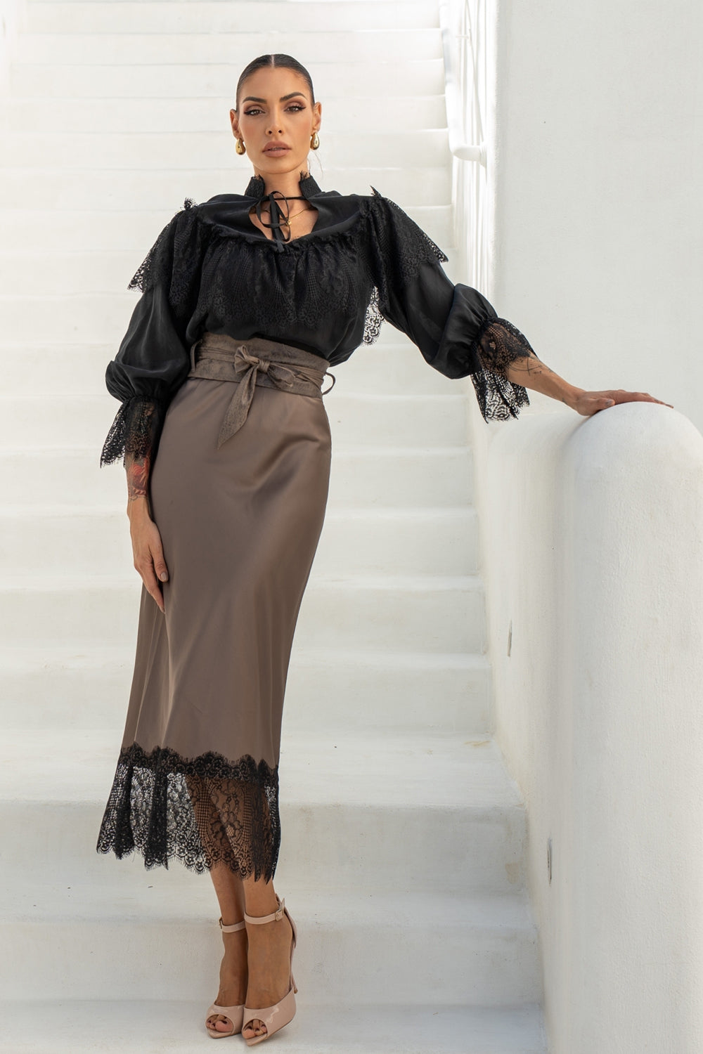 BIAS-CUT SATIN SKIRT WITH LACE AND ELASTIC WAISTBAND IN FANGO - ESSENTIALS