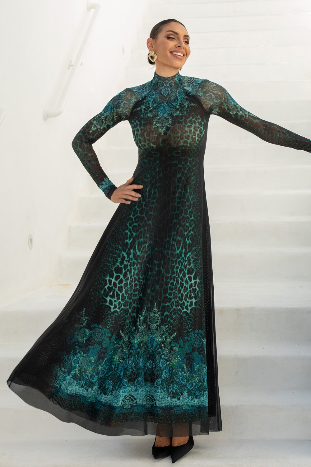 LONG FINE NET DRESS - LEO NEON GREEN