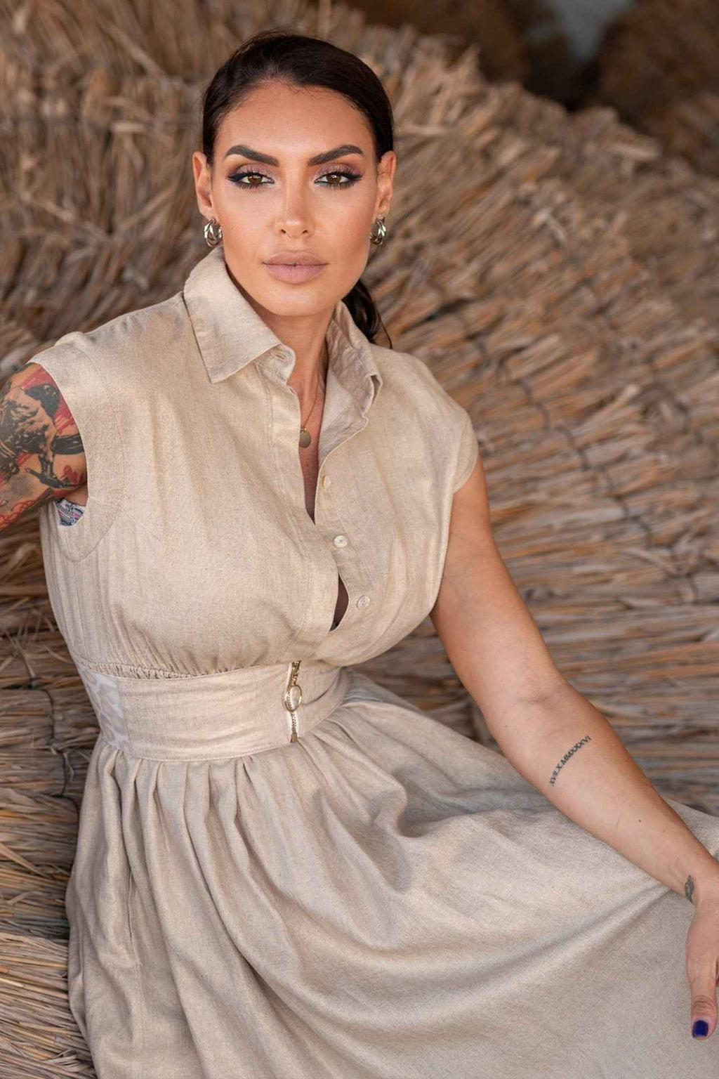 LONG LINEN DRESS WITH DETACHABLE BELT - ESSENTIALS