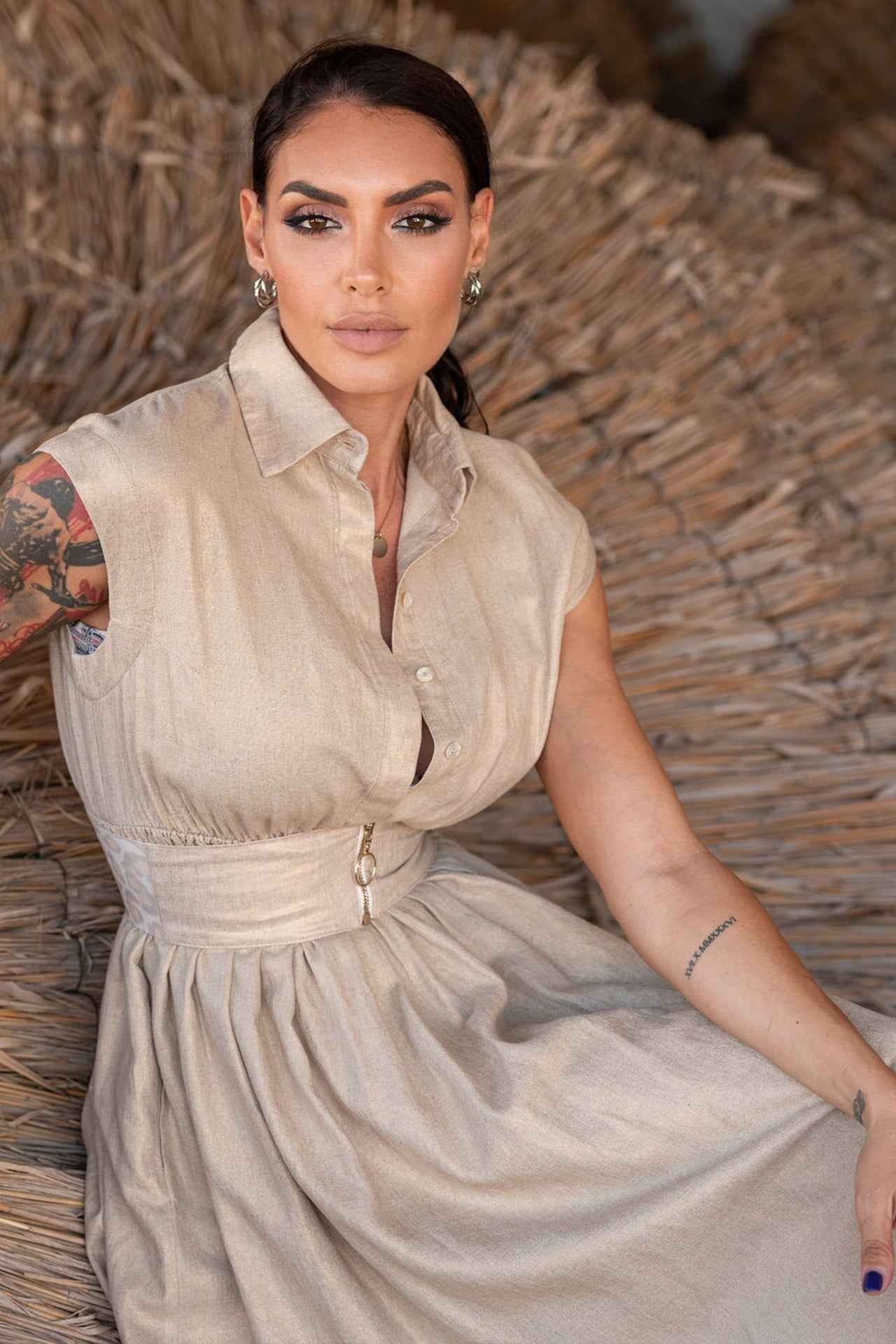 LONG LINEN DRESS WITH DETACHABLE BELT - ESSENTIALS