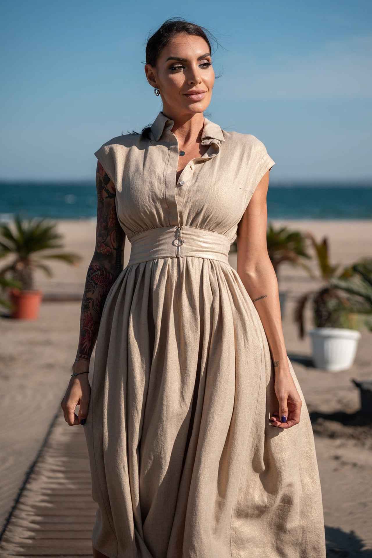 LONG LINEN DRESS WITH DETACHABLE BELT - ESSENTIALS