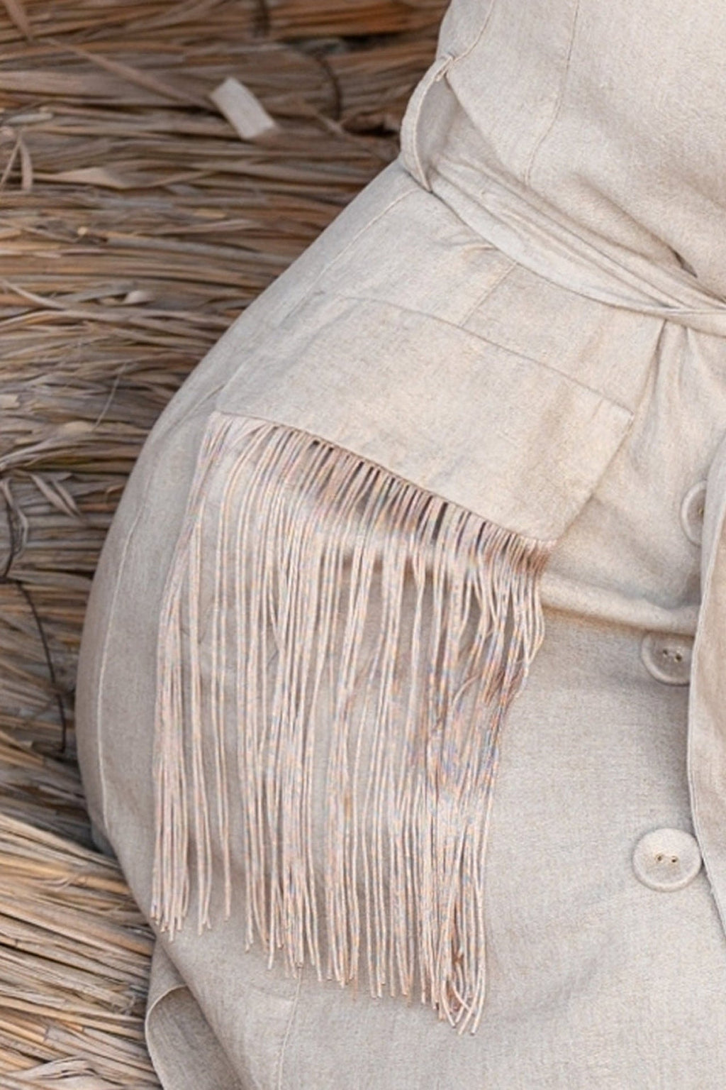 LINEN SLEEVELESS TRENCH MIDI DRESS WITH FRINGES - ESSENTIALS - Fashion Roots