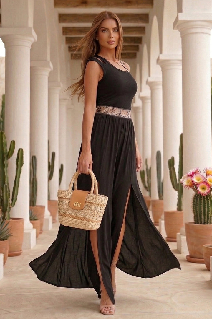 BLACK VISCOSE PANTS WITH ELASTIC WAIST IN BAROQUE PEARL AND SLITS - ESSENTIALS - Fashion Roots